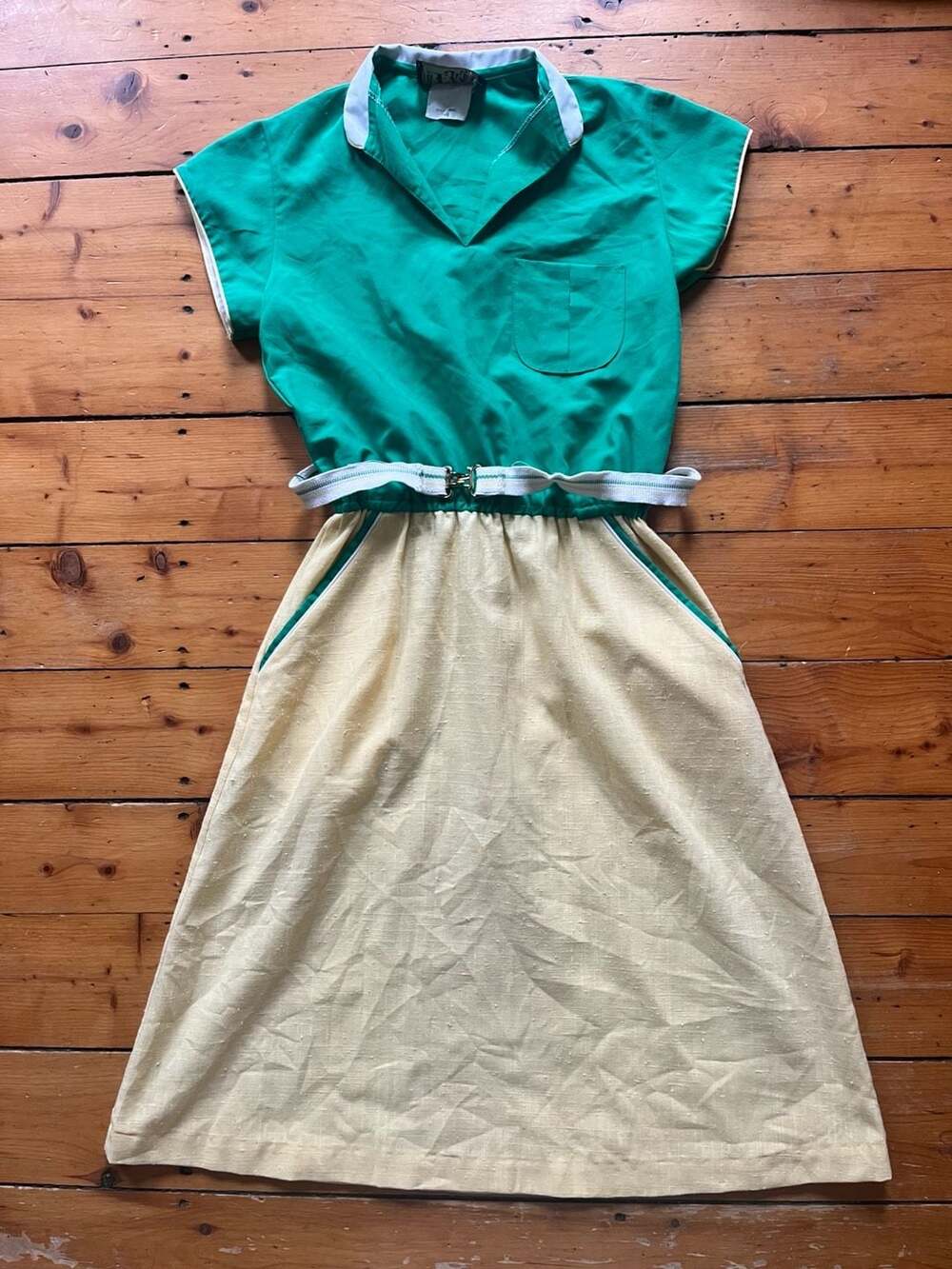 EJM Ltd Vintage 80s Mod Green Yellow Colorblock Belted Dress Size Small